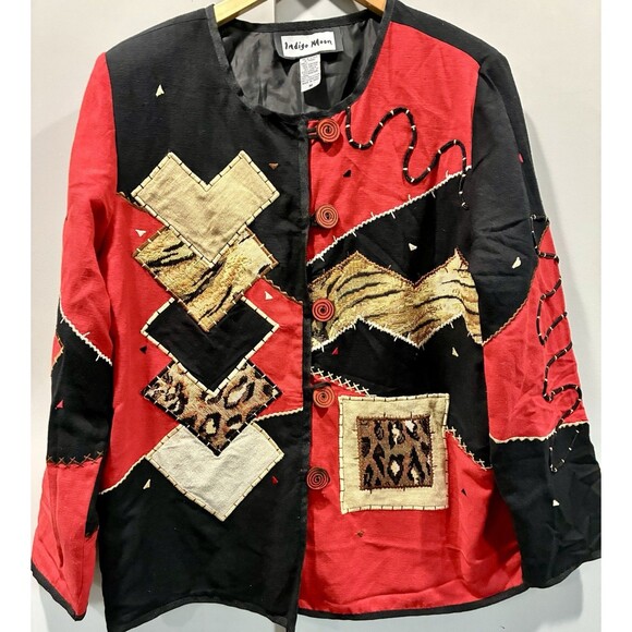 Indigo Moon Jackets & Blazers - Vintage Indigo Moon Art to Wear Animal Patchwork Embroidered Jacket M Red Black